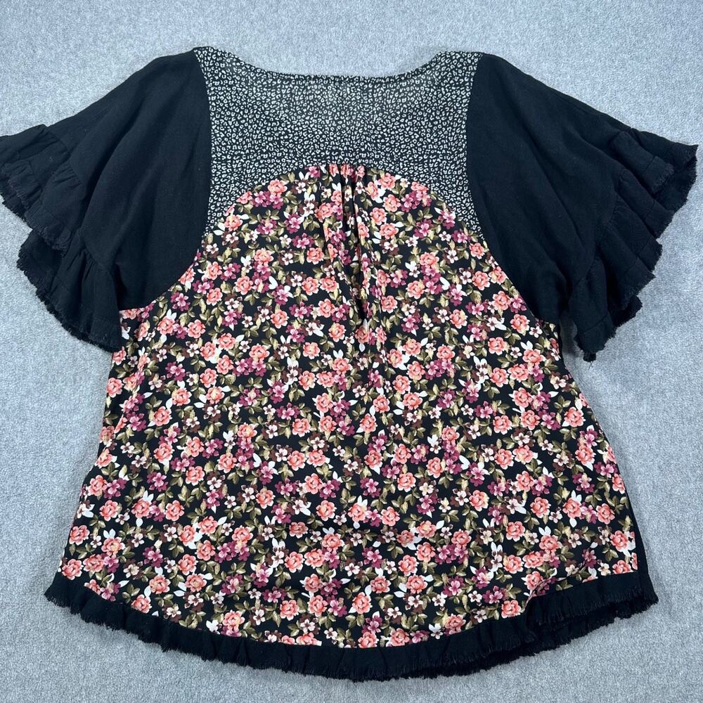 Umgee Women's Small Ruffle Sleeve Oversized Mixed Print Blouse Black Floral - Picture 8 of 9